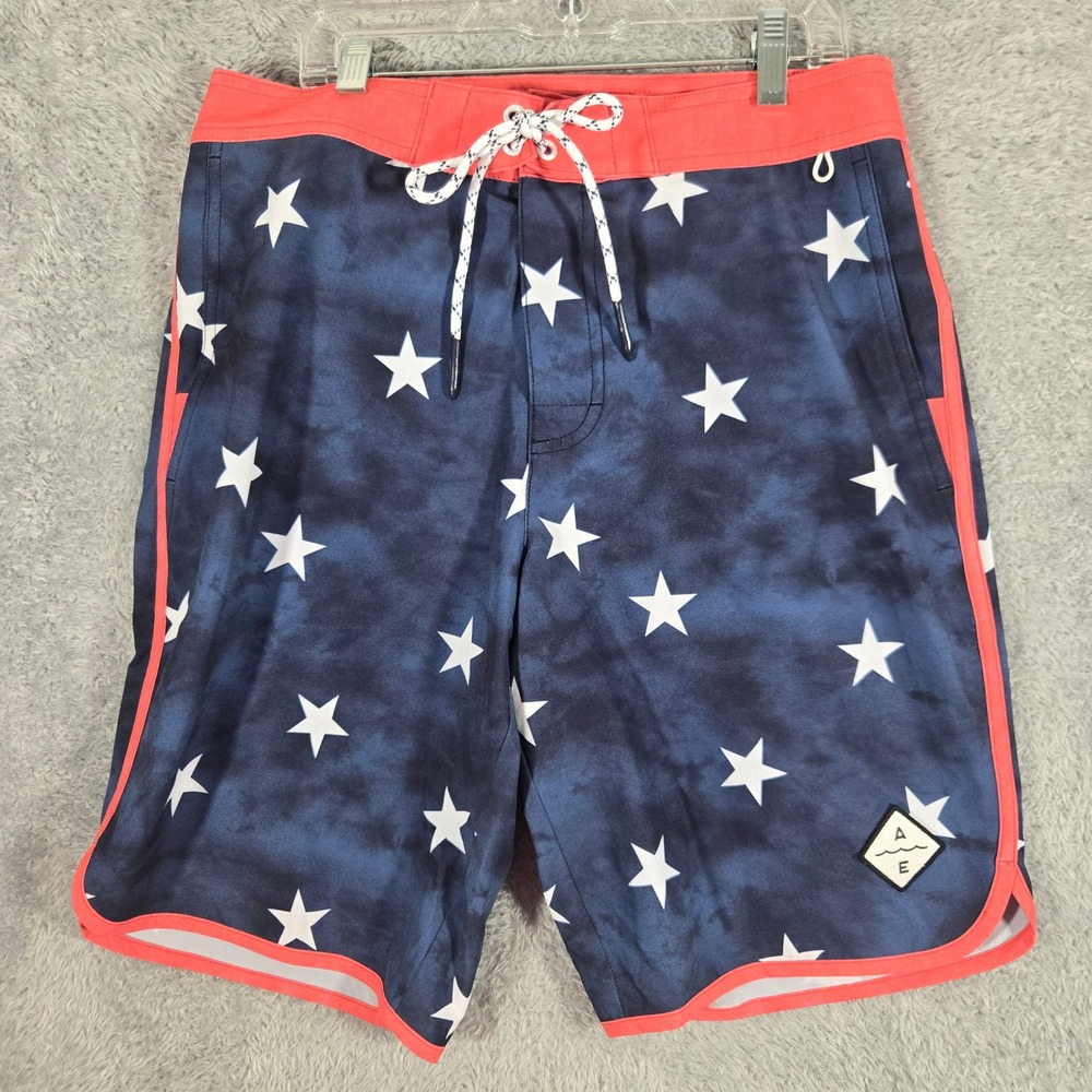 American Eagle Flex Mens Star Print Board Shorts Navy Blue Red Small Patriotic